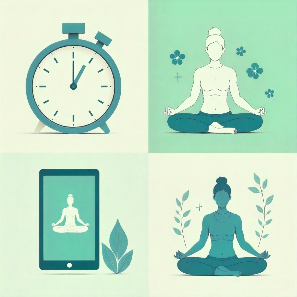 Illustration colorée montrant les atouts du yoga en ligne : horaires flexibles, bien-être et accès multi-appareils.