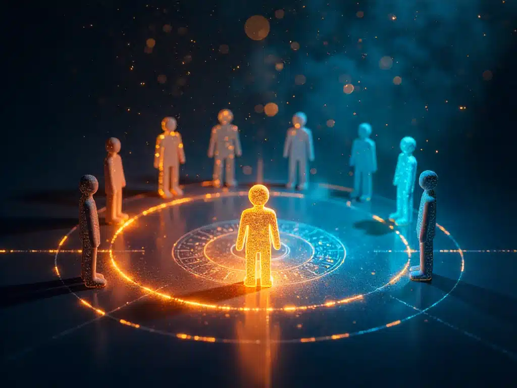 Infographie moderne illustrant les 4 étapes d’une séance de constellation familiale typique : définition de la problématique, choix des représentants, observation des dynamiques, résolution et intégration.