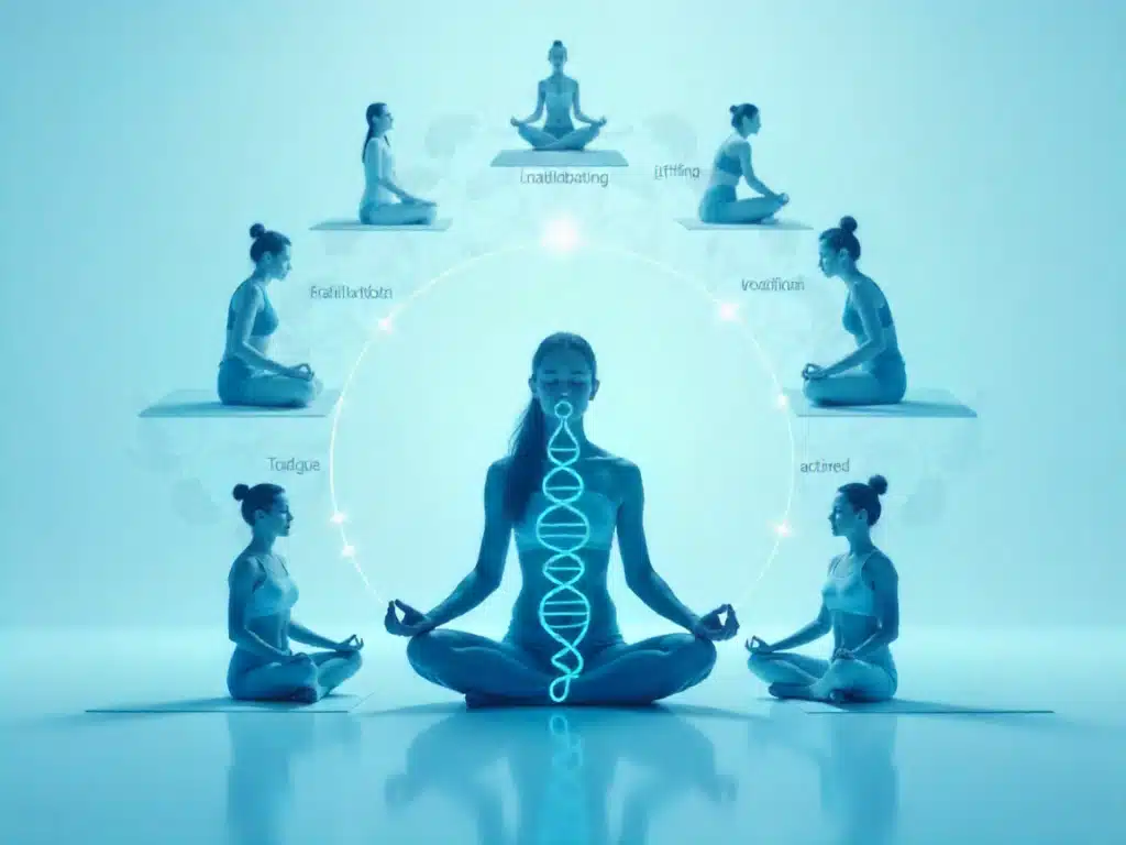 Silhouette en posture de yoga se fusionnant à une double hélice d’ADN sur fond scientifique, symbolisant l’impact épigénétique du yoga sur l’inflammation et la longévité.