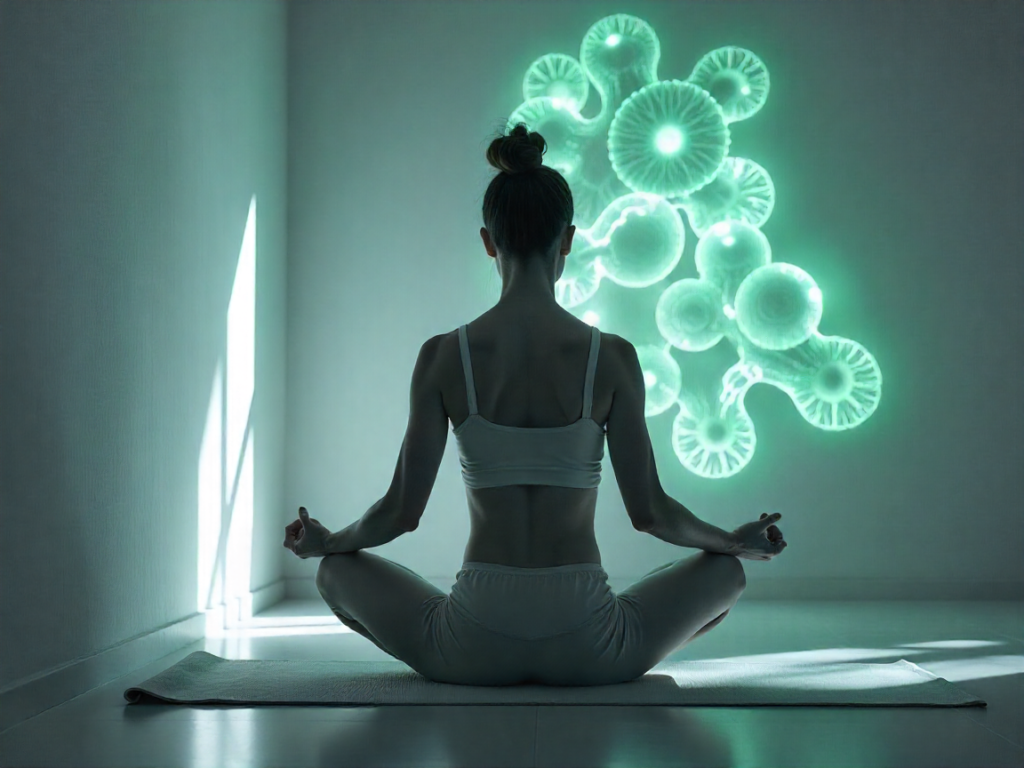 Infographie montrant un corps stylisé avec le système lymphatique et 5 postures de yoga recommandées pour améliorer la circulation et réduire la rétention d’eau.
